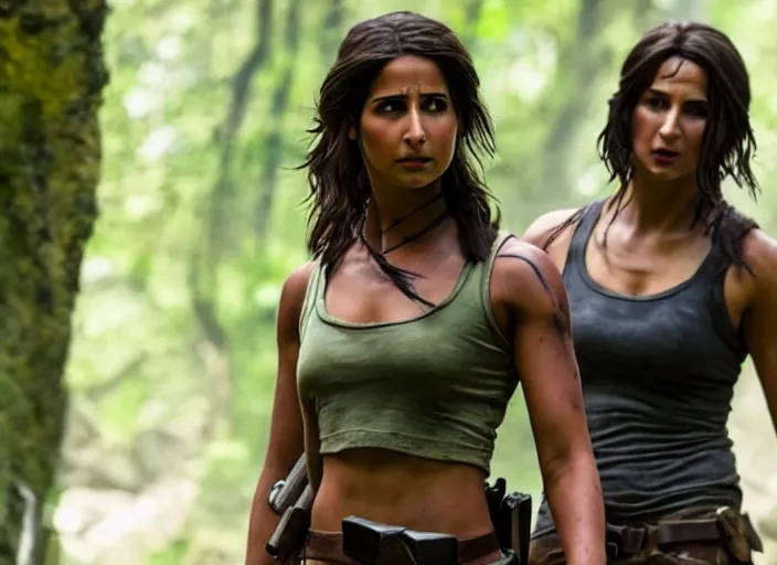 Image similar to film still of!!!! naomi scott!!! as lara croft in new tomb raider movie, 8 k