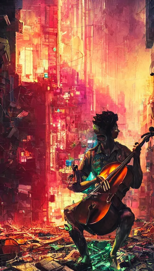 Prompt: a convert cellist playing in the rubble of a fallen cyberpunk city looming above him, neon color scheme, beautifully lit, concept art, sharp focus, a digital illustration by sam spratt