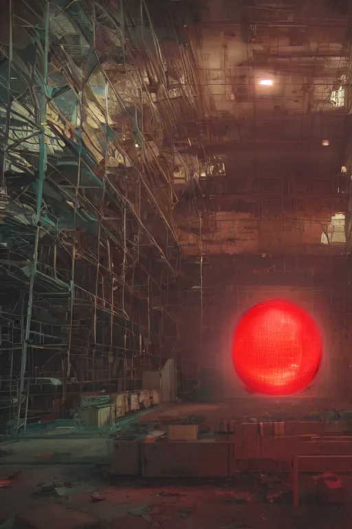 Prompt: workers repairing big mickey mouse head in abandoned computer facility, in background red glowing netflix logo. made by beeple, cgsociety, unreal engine, octane render, greg rutkowski, alphonse mucha, cinematic lighting, dark room, low light, sharp focus, 4 k highly detailed art