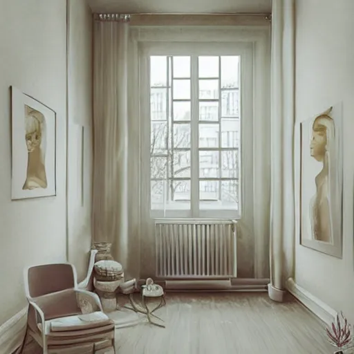 Image similar to cream - colored studio, vanilla - colored lighting, soft golden light, marble room, marble slabs, bare room, empty room, studio room, art room, window to night time, night time, warm lighting inside, art by artgerm