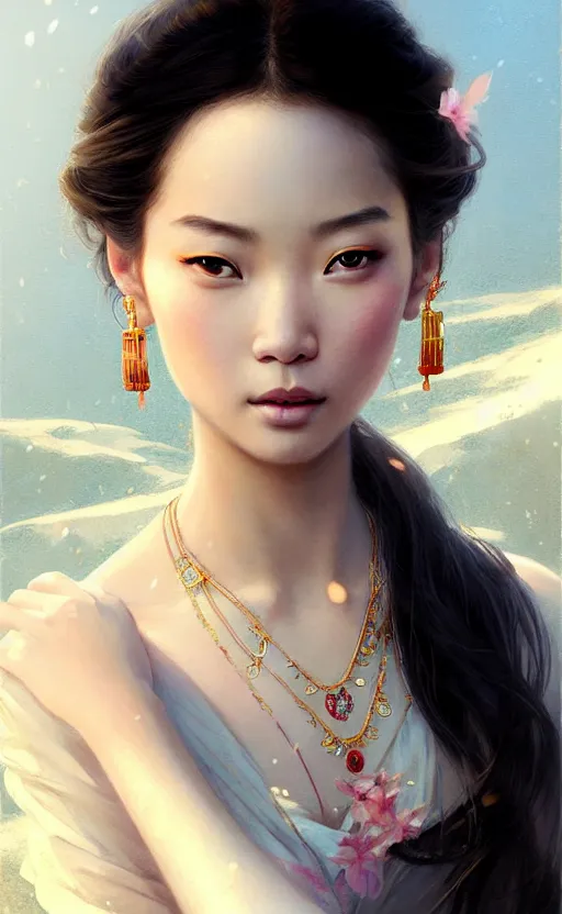 Image similar to a beautiful young charming asian goddess with sundress and jewelry | | winter, realistic shaded, unpleasant face, good looking, fine details, dior, lv, realistic shaded lighting poster by greg rutkowski, macoto takahashi, magali villeneuve, artgerm, jeremy lipkin and michael garmash