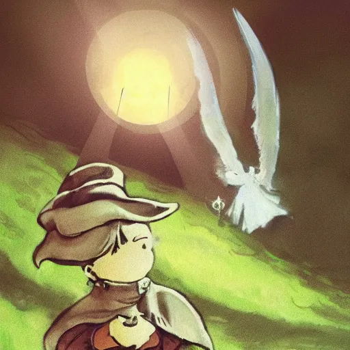 Image similar to epic illustration of snufkin with angel wings in style of elden rings, wide angle, cinematic light