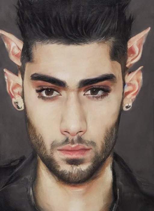 Image similar to portrait painting of zayn malik as an elf by jeremy mann, wearing leather high collared jacket, only one head single portrait, pointy ears