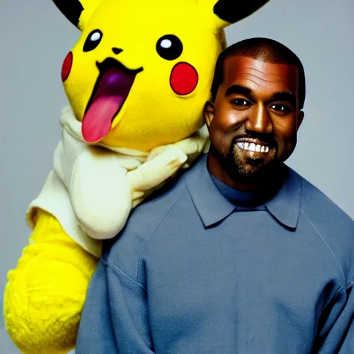 Prompt: kanye west smiling holding pikachu for a 1 9 9 0 s sitcom tv show, studio photograph, portrait c 1 2. 0