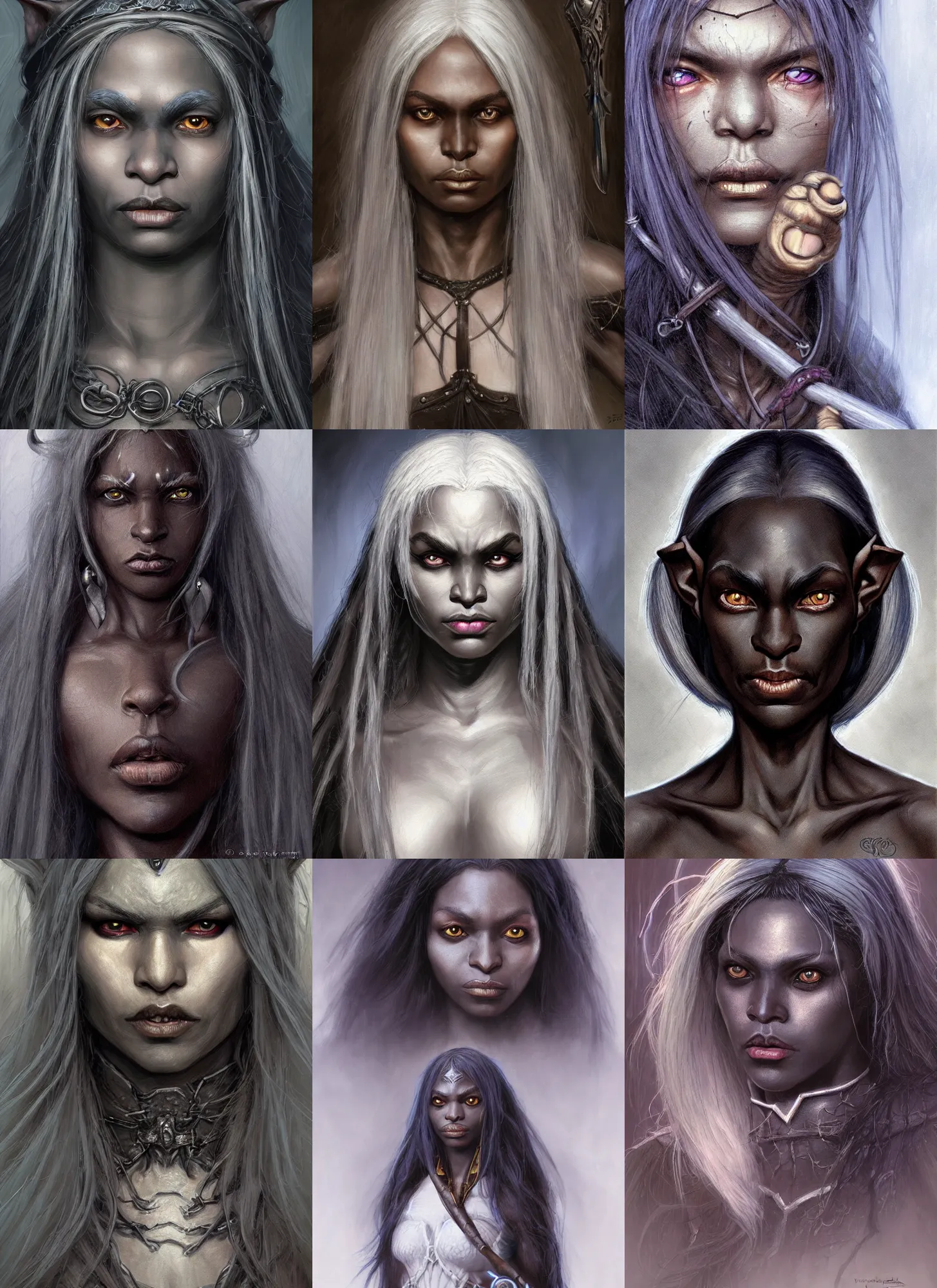Prompt: a face portrait of a very dark female drow elf, dark gray skin, naive, innocent, worried, young adult, long white hair, style by donato giancola, wayne reynolds, jeff easley dramatic light, high detail, cinematic lighting, artstation, dungeons and dragons