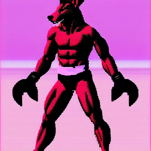 Image similar to full body shot antropomorphic muscular masculine wolf. kickboxer. wolf head. furr on body. 8 bit nes graphics. vaporwave futuristic 8 0's