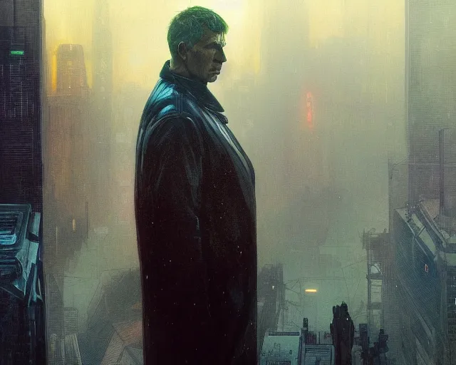 Image similar to 2 0 1 8 blade runner movie still man look at the cityscape from roof perfect face fine realistic face pretty face neon puffy jacket blue futuristic sci - fi elegant by denis villeneuve tom anders zorn hans dragan bibin thoma greg rutkowski ismail inceoglu illustrated sand storm alphonse mucha