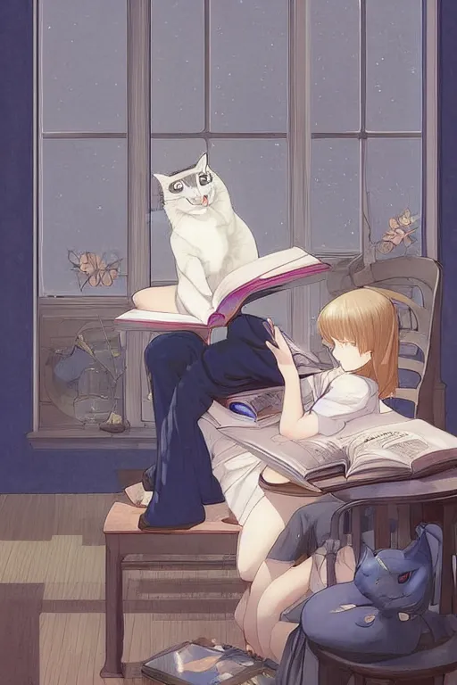 Image similar to a digital painting of a girl reading a book with a cat in A comfortable study room at night,blue and grey theme,JK uniform ,Hairdryer,blue theme,S line, by krenz cushart and mucha and range murata and greg rutkowski