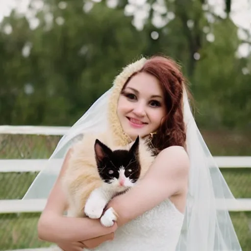 Prompt: cute kitten wearing a bride veil and tennis shoes