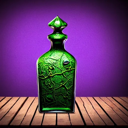 Image similar to hyper realistic and higly detailed deadly poison bottle, purple liquid inside on a design medieval wood table. the bottle is designed like a trendy perfume bottle. background is a laboratory complex architecture mossy stone pilars. professional digital art, dnd style, ultra detailed, trending on artstation, concept art, octane render, unreal engine 5, 8 k rendering.