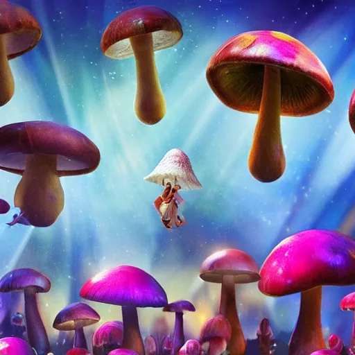 Image similar to a musical about dancing mushrooms, promotional images, imax, photorealistic, distortion