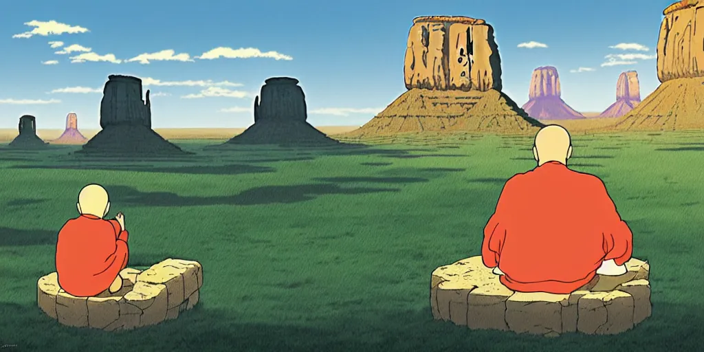 Image similar to a realistic cell - shaded studio ghibli concept art from paprika ( 2 0 0 6 ) of a monk meditating and a small mammoth from close encounters of the third kind ( 1 9 7 7 ) in a flooded monument valley stonehenge. very dull colors, wide shot, hd, 4 k, hq