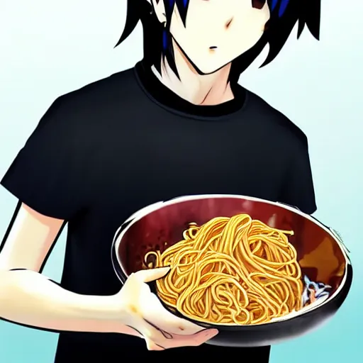 Image similar to an emo anime boy eating spaghetti