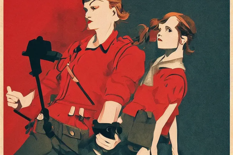 Image similar to communist Propaganda poster Emma Watson saluth in WW2 uniform by moebius and atey ghailan by james gurney by vermeer by George Stubbs full body full body full body full body trending on artstation vector art vector art vector art vector art inspirational