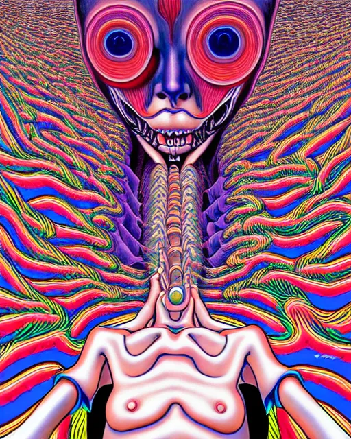 Image similar to human body breaking away, conjuring psychedelic illustration, part by shintaro kago, part by alex gray, ultra realistic, highly detailed, 8 k, trending on artstation, symmetry