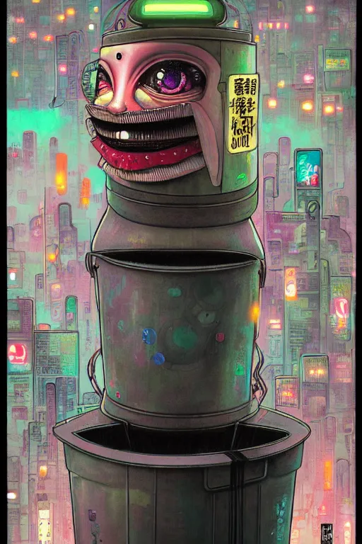 Image similar to full view, from a distance, of anthropomorphic trashcan from the movie blade runner, style of yoshii chie and hikari shimoda and martine johanna, highly detailed