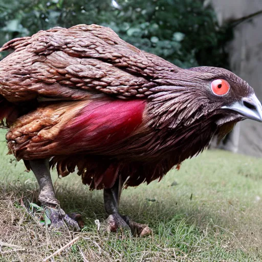 Prompt: a giant, brown war chicken with glowing red eyes and sharp claws