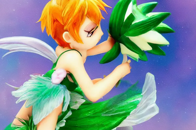 Prompt: (very small anime Tinker Bell) kissing a big flower, hyper realism, macro shot