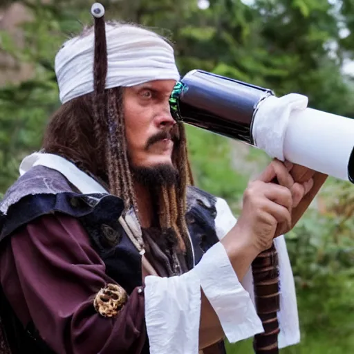 Prompt: a pirate using a roll of toilet paper as a telescope,
