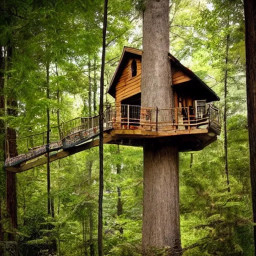 Image similar to treehouse in a forest, dreamy