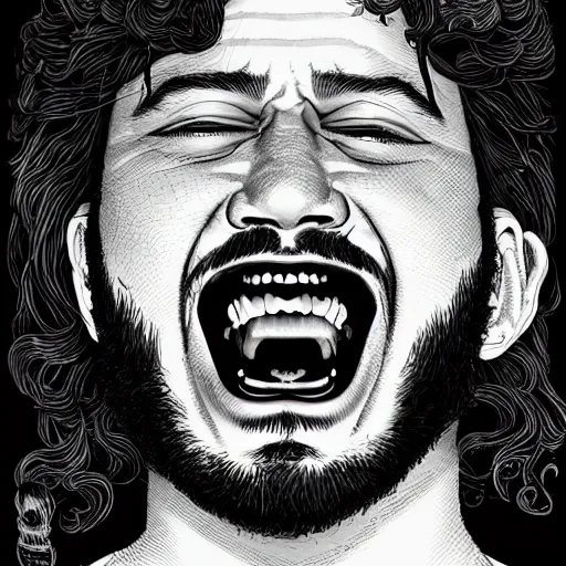 Image similar to portrait of post malone laughing, symmetrical, by yoichi hatakenaka, masamune shirow, josan gonzales and dan mumford, ayami kojima, takato yamamoto, barclay shaw, karol bak, yukito kishiro