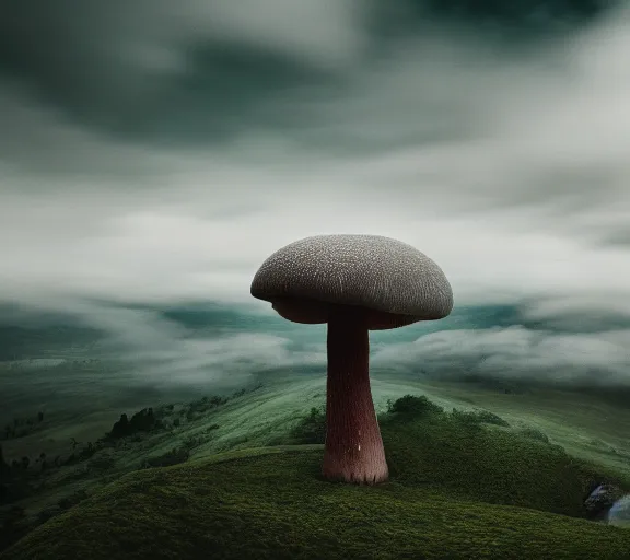 Prompt: a giant mushroom covers a whole kingdom and reaches above the clouds. intricate. lifelike. soft light. sony a 7 r iv 5 5 mm. cinematic post - processing