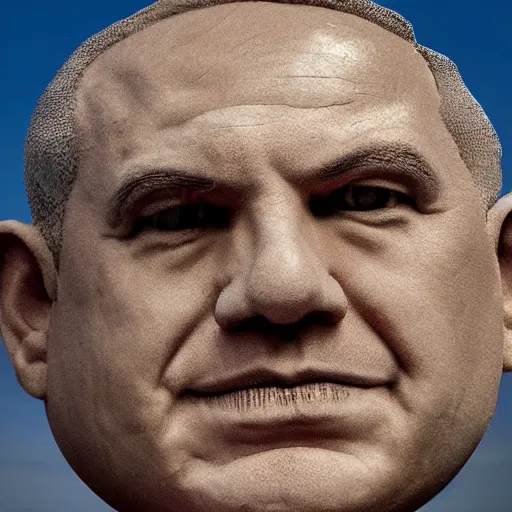Image similar to a giant benjamin netanyahu head sculpture in the sea made out of thousands of small eyes, long shot, hyper detailed, hyper realistic, ray tracing, 8 k resolution, sharp focus, realistic water, award winning