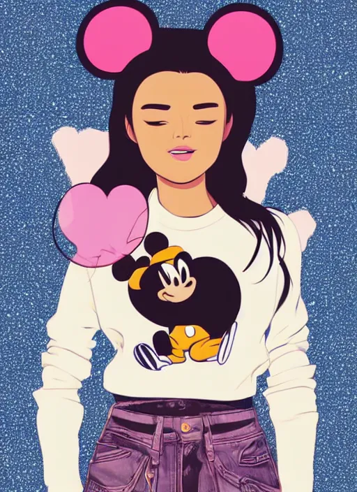 Image similar to woman, black hair, tan skin, curvy, slight resemblance to selena gomez with mickey mouse ears. colorful clothes. clean cel shaded vector art. shutterstock. behance hd by lois van baarle, artgerm, helen huang, by makoto shinkai and ilya kuvshinov, rossdraws, illustration,