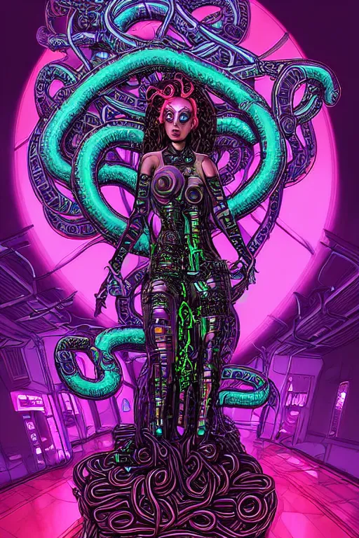 Image similar to Perfectly-centered hyperdetailed symmetrical cinematic surreal arthouse aetherpunk RPG professionally made portrait-illustration of a cyberpunk Medusa dressed in a cosmic horror dress with long ravepunk snakes as hair standing next to luminiscent otherworldly towers, neon-noir lovecraftian blurred background, HDR digital art in comic-book cover style, 3D rim light, professional post-processing, 3d final render, masterpiece, trending on Gsociety and Artstation