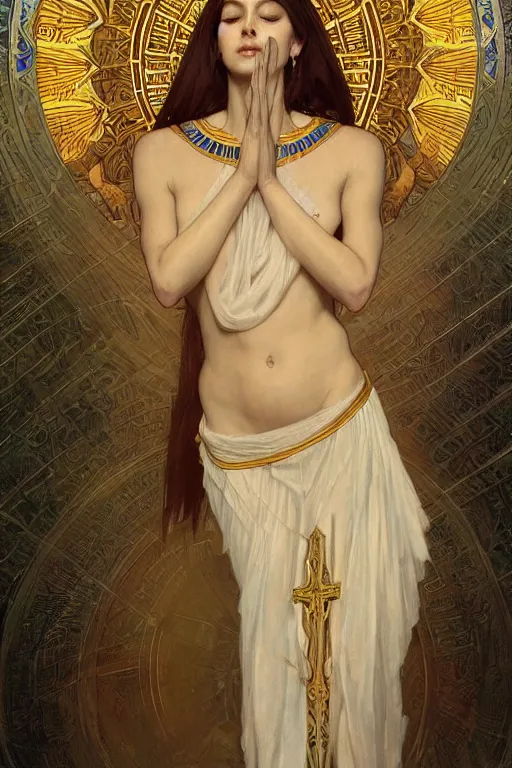 Prompt: a full body portrait of a beautiful ethereal delicate egyptian mage queen meditative sacral pose catholic stages of the cross, intricate, elegant, highly detailed, digital painting, artstation, concept art, smooth, sharp focus, illustration, art by krenz cushart and artem demura and alphonse mucha