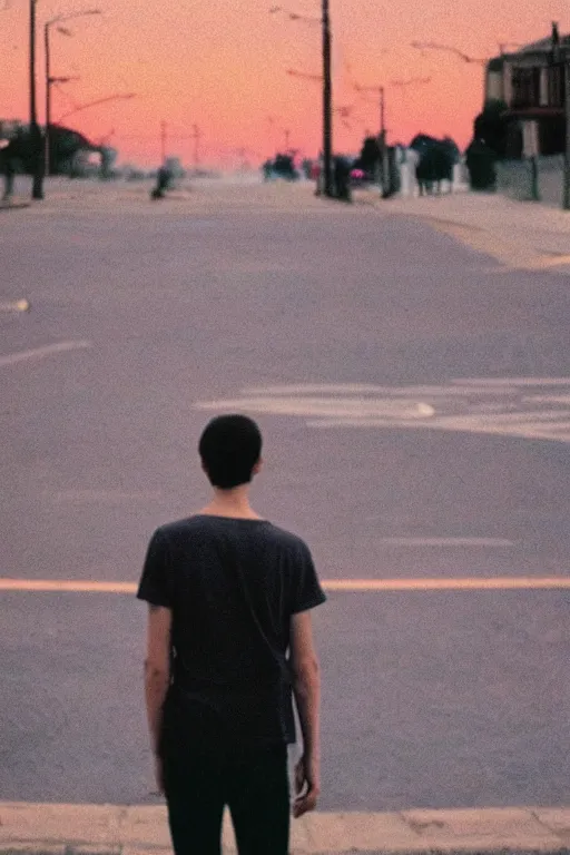 Image similar to kodak ultramax 4 0 0 photograph of a skinny guy standing in street, back view, looking at burning sky, grain, faded effect, vintage aesthetic, vaporwave colors,