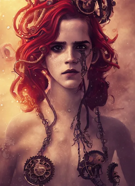 Prompt: underwater steampunk pirate portrait of emma watson, red hair, octopus, giger, hyper detailed, digital art, cinematic lighting, studio quality, smooth render, unreal engine 5, octane rendered, art style by klimt and nixeu and ian sprigger and wlop and krenz cushart.