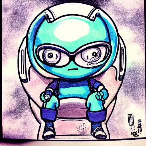 Prompt: a cute alien character sitting on their spaceship, copic marker, illustration, anime art, art by Akira Toriyama.