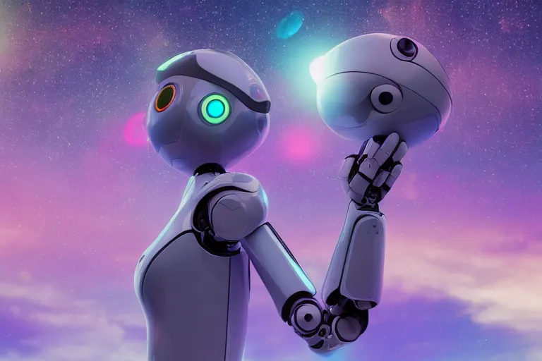 Image similar to a beautiful calm robot girl looking up to the stars, photograph, colorful background, render, 3 d, render, 8 k, 4 d,