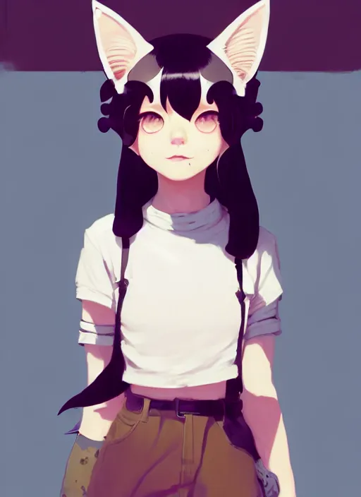 Image similar to portrait of cute catgirl with cat ears, by atey ghailan, by greg rutkowski, by greg tocchini, by james gilleard, by joe gb fenton, by in kaethe butcher, dynamic lighting, gradient light blue, brown, blonde cream and white color in scheme, grunge aesthetic