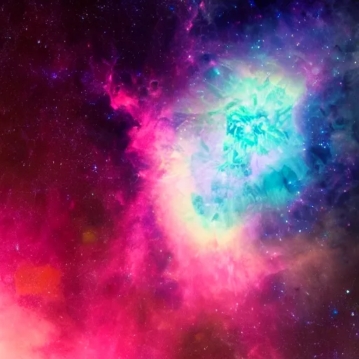 Image similar to modern double exposure monochrome spacesuit over a brilliant iridescent nebula. orange, pink, purple color ombre.