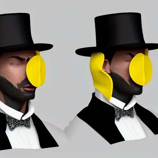 Image similar to a highly detailed portrait of a man in a high top hat covering his face, in a black tailcoat with a yellow waistcoat under the tailcoat, artstation, deviantart, professional, unreal engine 5, photorealistic