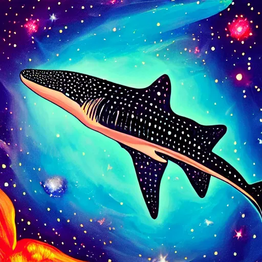 Prompt: gouache painting of a whale shark flying through a swirling, luminous nebula, elegant, ultra detailed, gouache illustration of whale - shark floating through a colorful nebula