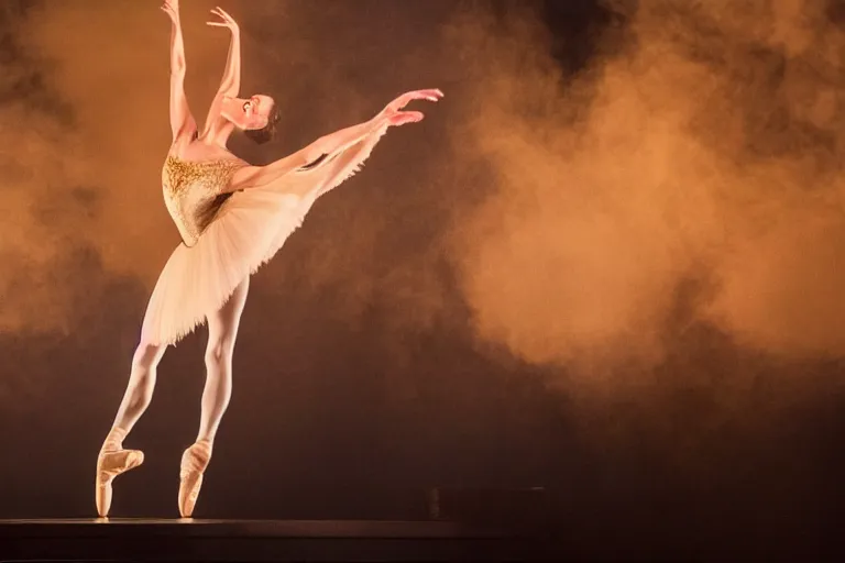 Image similar to playbill of prima ballerina, stage lighting, low angle, oriental scene, hyper realistic, smooth, focus, radiant, dramatic lighting, swirling smoke, low fog, golden hour, intricate, highly detailed, perfect face