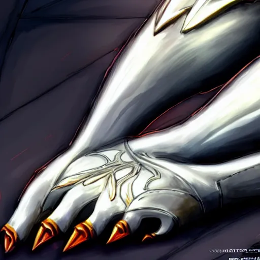 Image similar to very close up foot shot, detailed foot shot, feet art, hyperdetailed elegant beautiful stunning hot anthropomorphic mecha female dragon giantess showing detailed sharp dragon feet to camera, warframe feet, sharp claws, sharp silver armor, elegant legs, warframe destiny fanart, giantess art, dragon paws, furaffinity, deviantart, octane, ekasportal