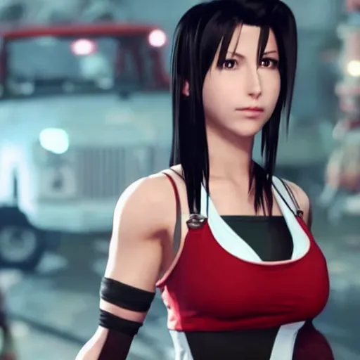 Image similar to Tifa Lockhart from Final Fantasy VII Remake looking at the Italian flag and chuckling to herself