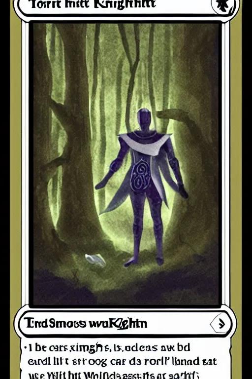 Image similar to tarot card of a shining knight that is lost in the woods and is followed by a shade