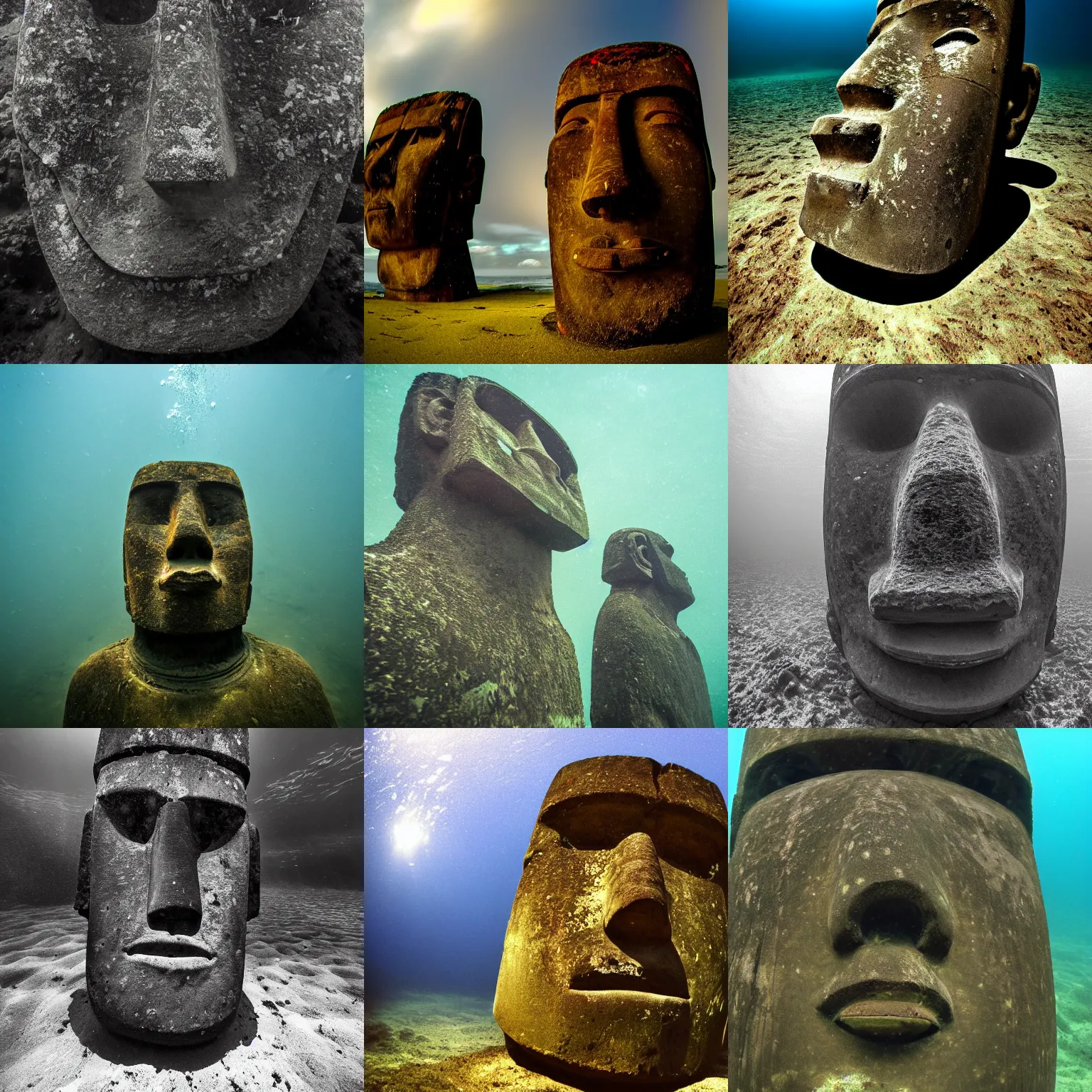 Prompt: a sad moai underwater, award winning photo, high detail, tranquil, atmospheric, 8k