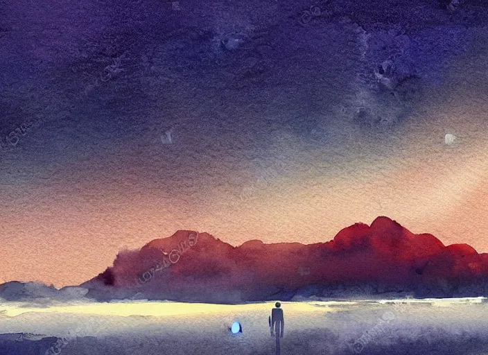 Prompt: beautiful watercolour landscape, wide vista. a barren alien world. dramatic lighting. starscape. science fiction art. painterly. digital painting. dramatic