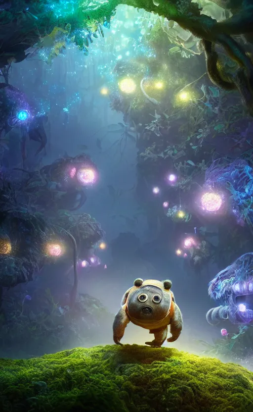 Image similar to microscopic tardigrades, magical forest, water bear, electric, concept art, intricate details, highly detailed, photorealistic, disney pixar, octane render, iridescent, anime, 8 k