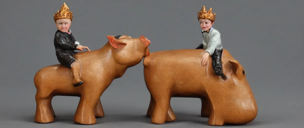 Image similar to art deco boy child boy crown riding large pig