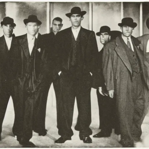 Prompt: 1930s photograph of a new-york mafia gang, staring straight at the camera, film grain, highly realistic, ominous, dramatic lighting, confident poses
