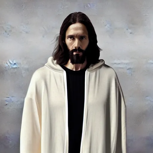 Image similar to a full body lookbook portrait of modern - day jesus wearing cream fear of god menswear collection by nicola samori, hat and hoodie, detailed, oil painting, hyper realistic, 8 k, yeezy collection