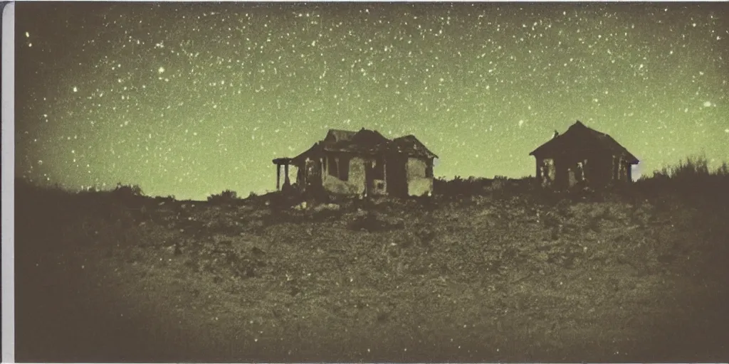 Image similar to polaroid photo of an abandoned house on a wasteland, colourful starry sky, slight color bleed, grain