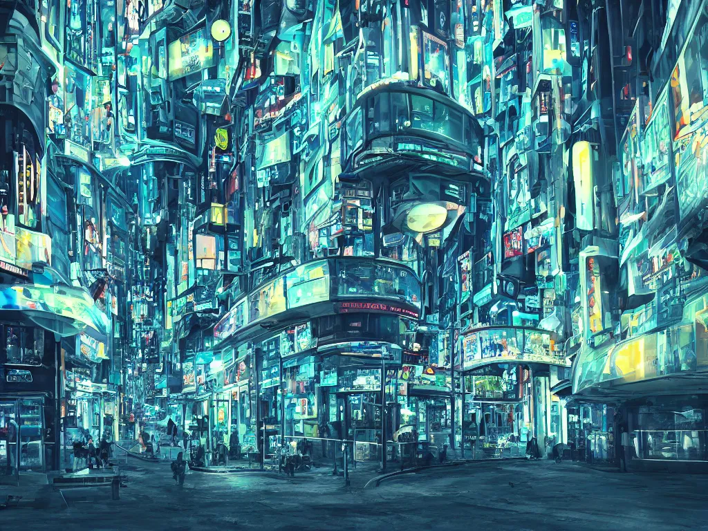 Image similar to streets with curved translucent screens projecting detailed sci - fi art ( 2 0 4 2 ), pixel perfect photograph, high contrast, volumetric lighting, thin glowing lights, chair, users, pair of keys